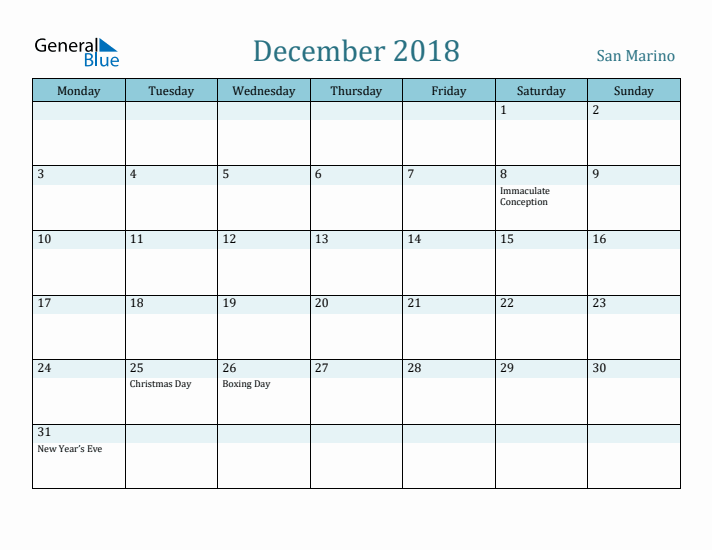 December 2018 Calendar with Holidays