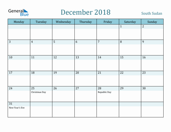 December 2018 Calendar with Holidays