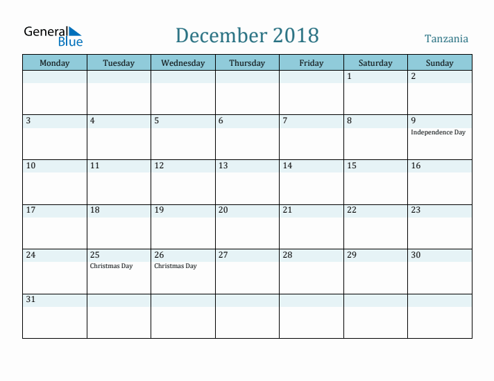 December 2018 Calendar with Holidays