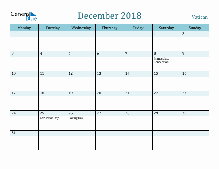 December 2018 Calendar with Holidays