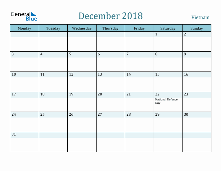 December 2018 Calendar with Holidays