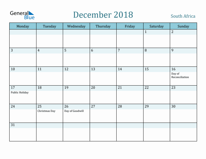 December 2018 Calendar with Holidays