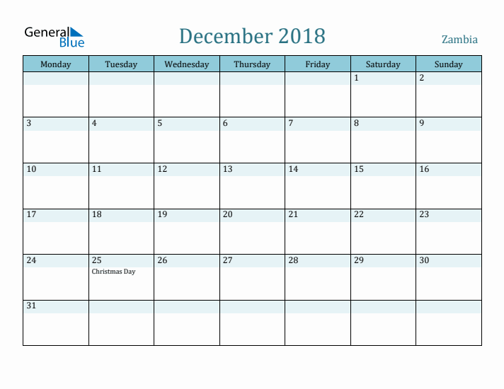 December 2018 Calendar with Holidays