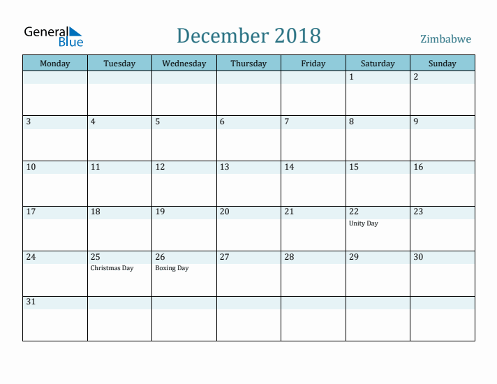 December 2018 Calendar with Holidays