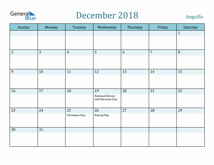 December 2018 Calendar with Holidays