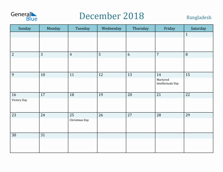 December 2018 Calendar with Holidays