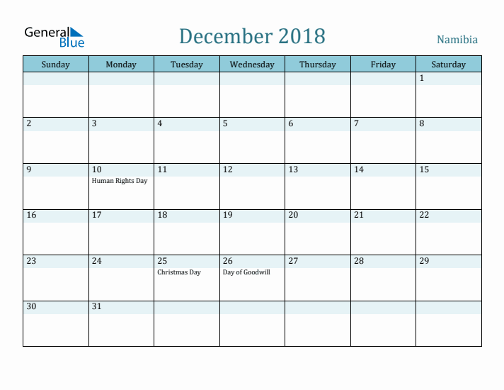 December 2018 Calendar with Holidays