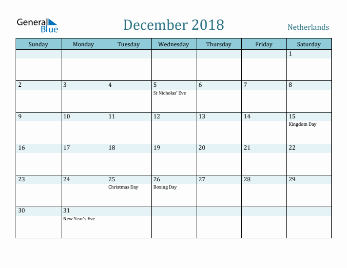 December 2018 Calendar with Holidays