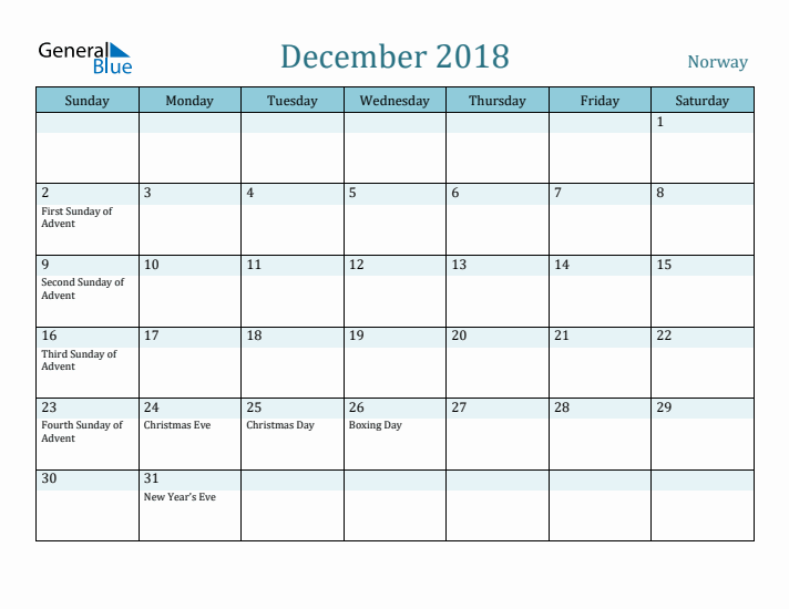 December 2018 Calendar with Holidays