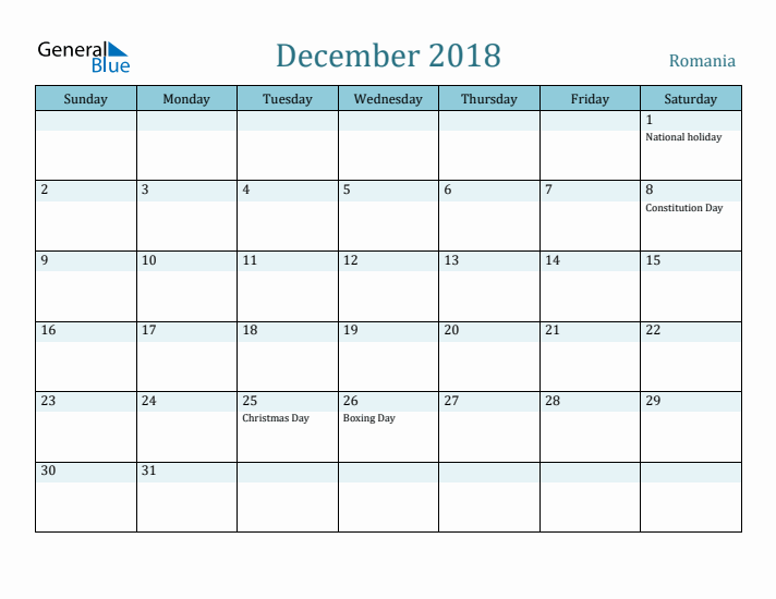 December 2018 Calendar with Holidays