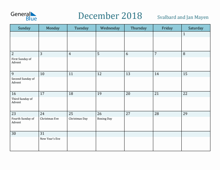 December 2018 Calendar with Holidays