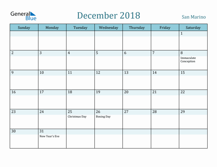 December 2018 Calendar with Holidays