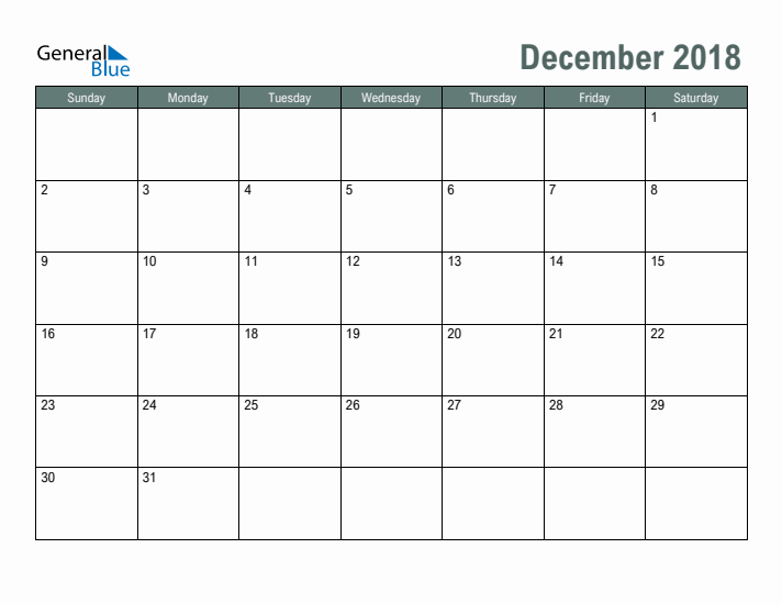 Free Printable December 2018 Calendar