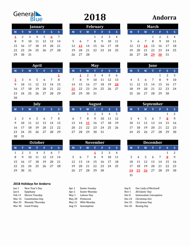 2018 Andorra Holiday Calendar