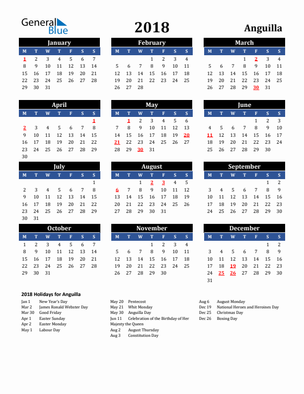 2018 Anguilla Holiday Calendar