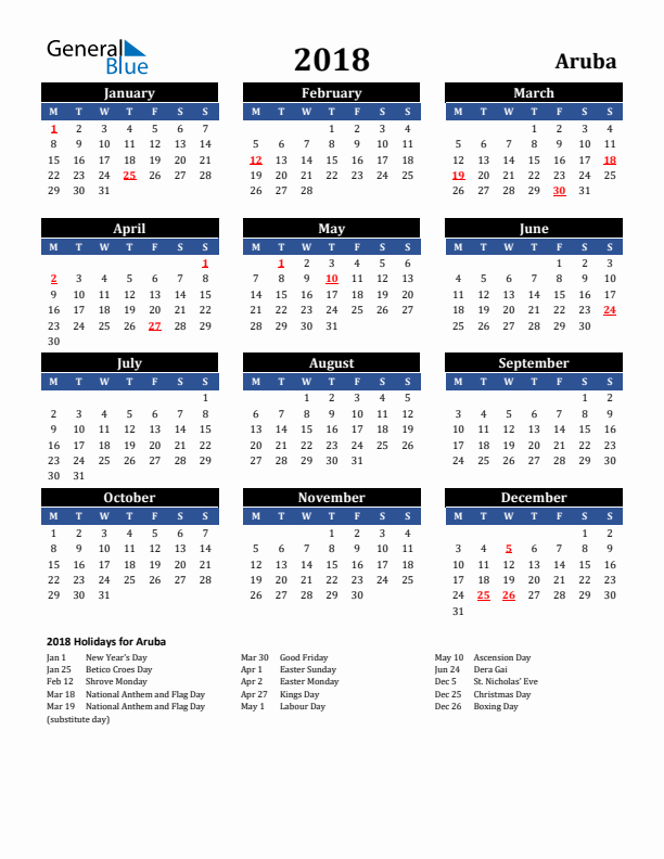 2018 Aruba Holiday Calendar