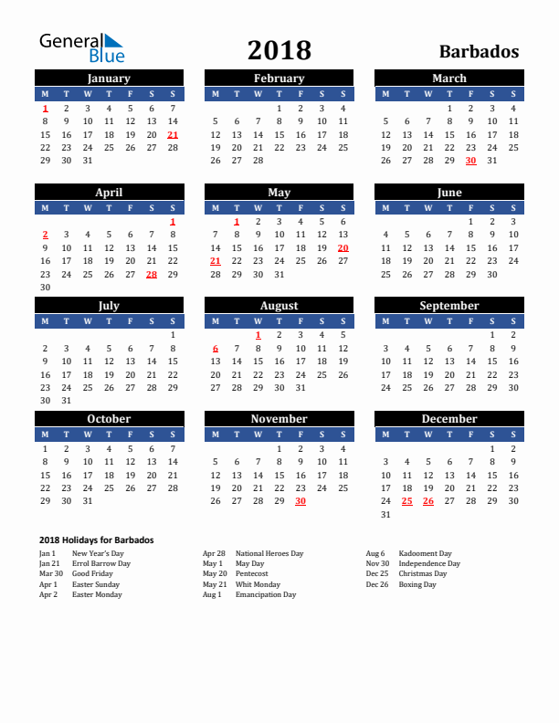 2018 Barbados Holiday Calendar