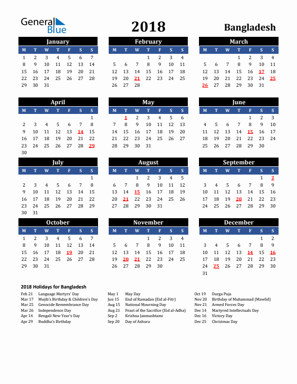 2018 Bangladesh Holiday Calendar