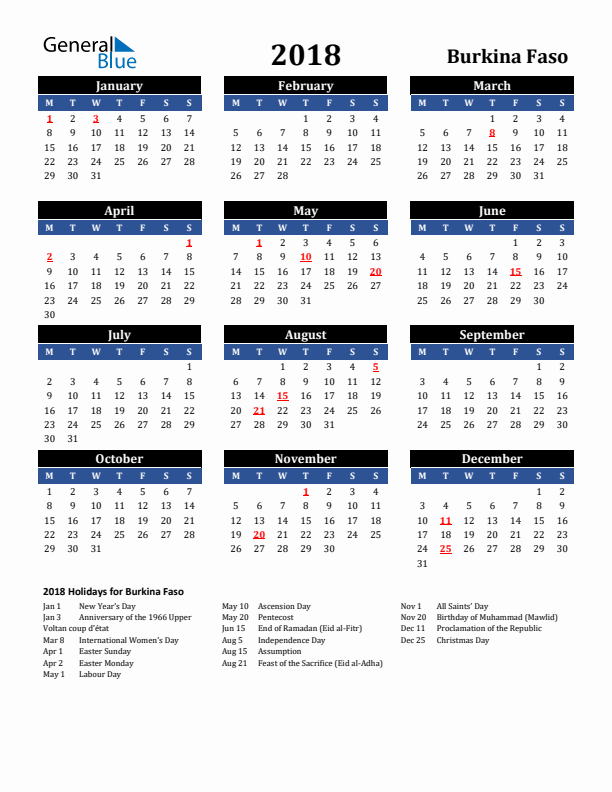 2018 Burkina Faso Holiday Calendar