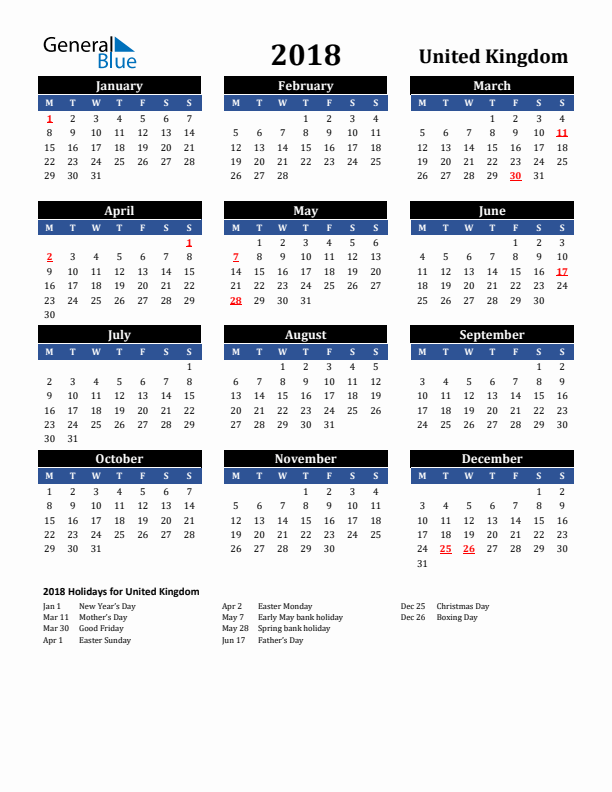 2018 United Kingdom Holiday Calendar