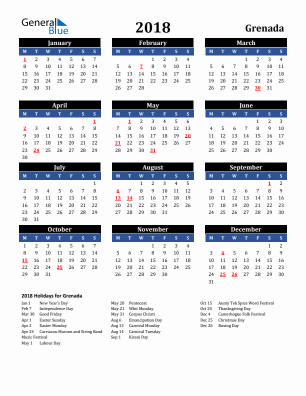 2018 Grenada Holiday Calendar