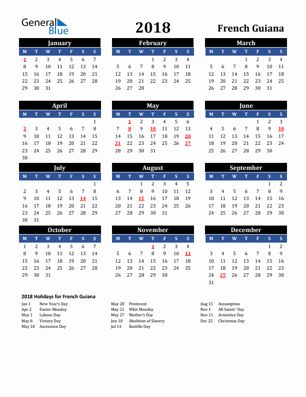 2018 French Guiana Holiday Calendar