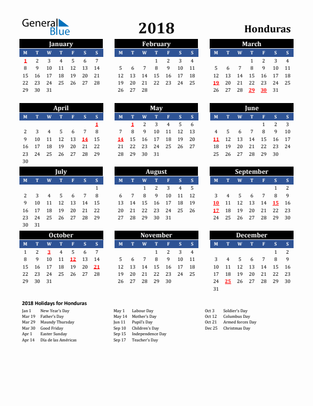 2018 Honduras Holiday Calendar