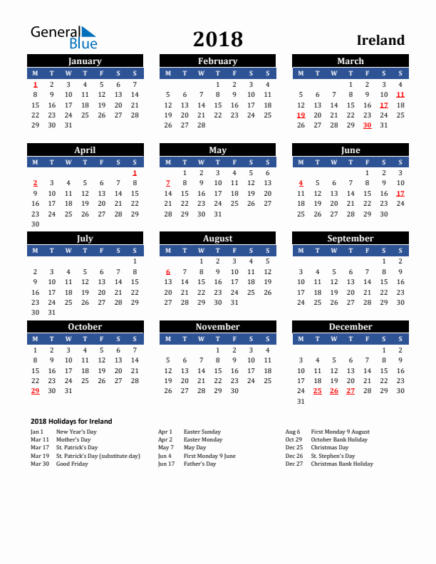 2018 Ireland Holiday Calendar