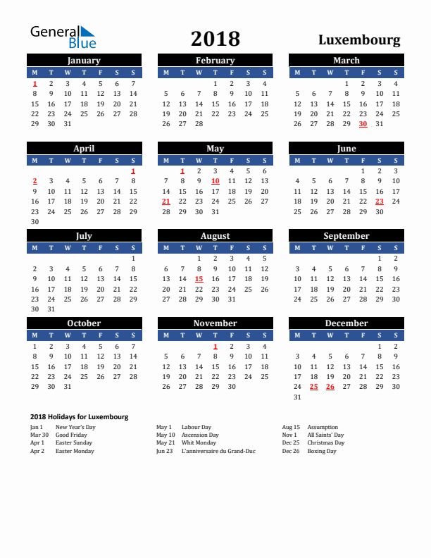 2018 Luxembourg Holiday Calendar