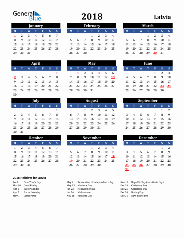 2018 Latvia Holiday Calendar