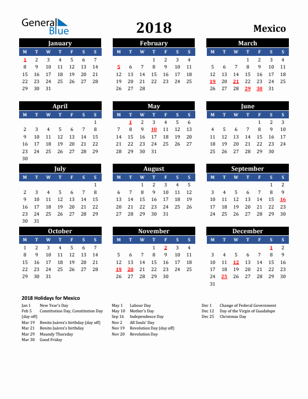 2018 Mexico Holiday Calendar