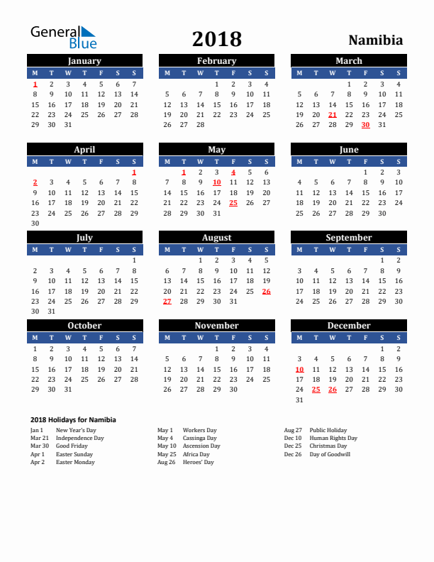 2018 Namibia Holiday Calendar