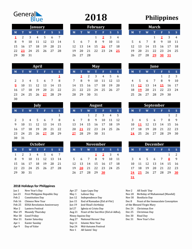 2018 Philippines Holiday Calendar