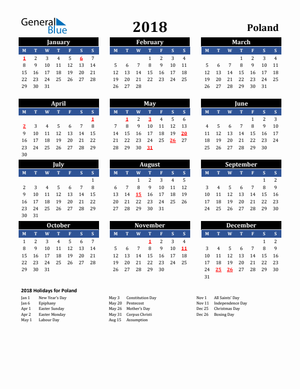 2018 Poland Holiday Calendar