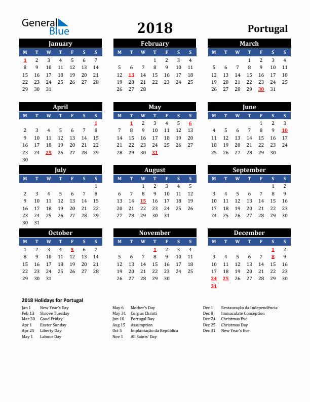 2018 Portugal Holiday Calendar