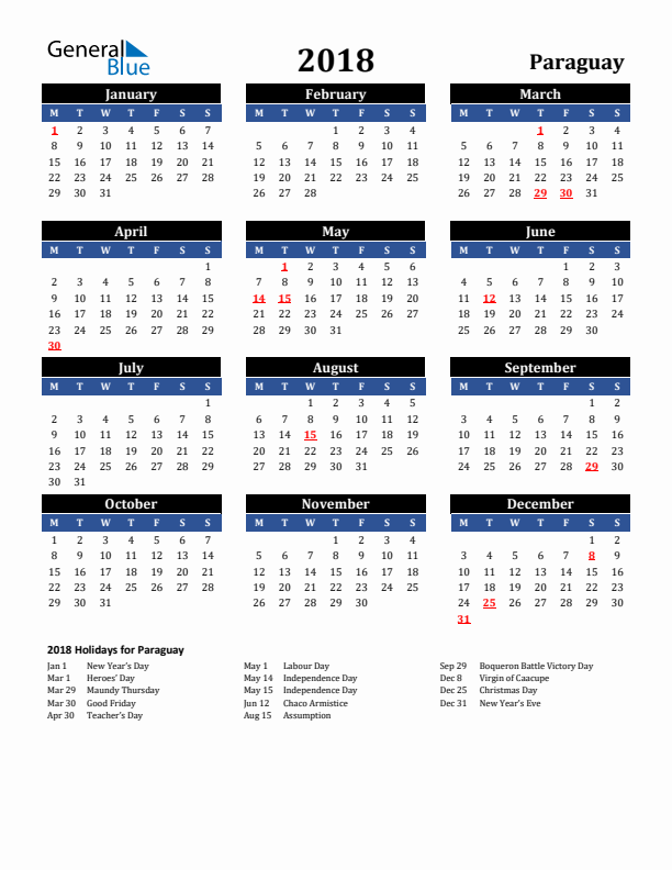 2018 Paraguay Holiday Calendar