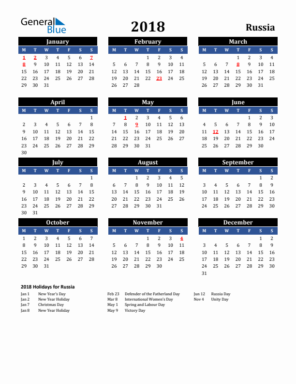 2018 Russia Holiday Calendar