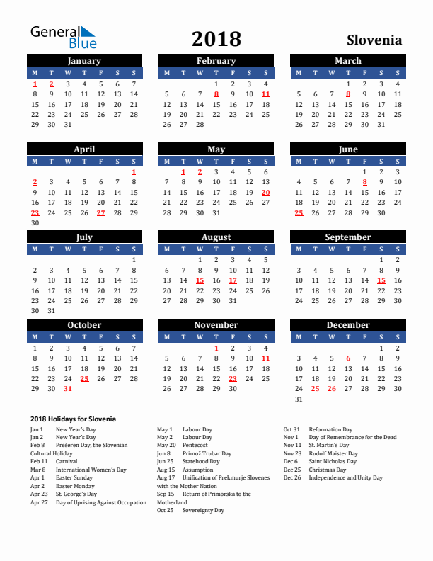 2018 Slovenia Holiday Calendar