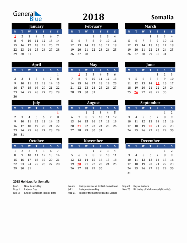 2018 Somalia Holiday Calendar