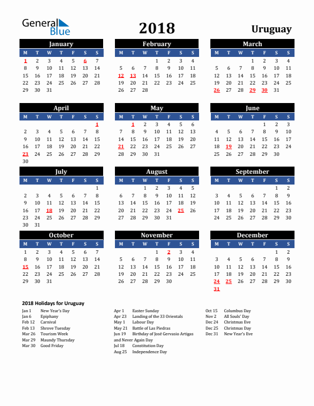 2018 Uruguay Holiday Calendar