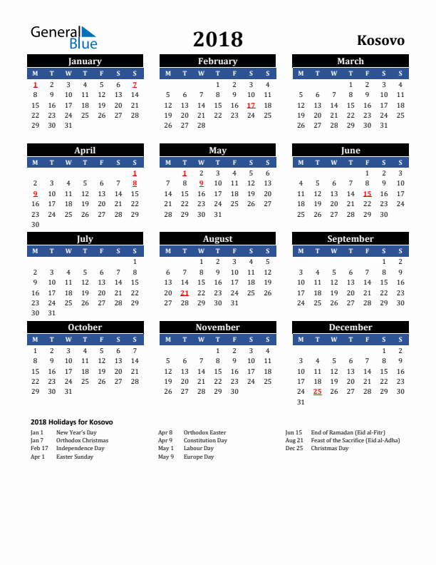 2018 Kosovo Holiday Calendar