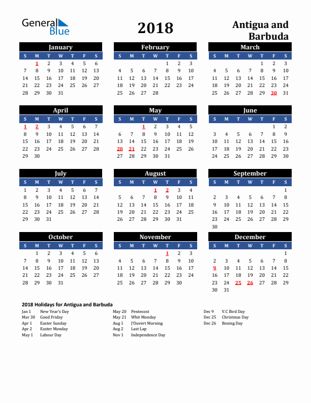 2018 Antigua and Barbuda Holiday Calendar