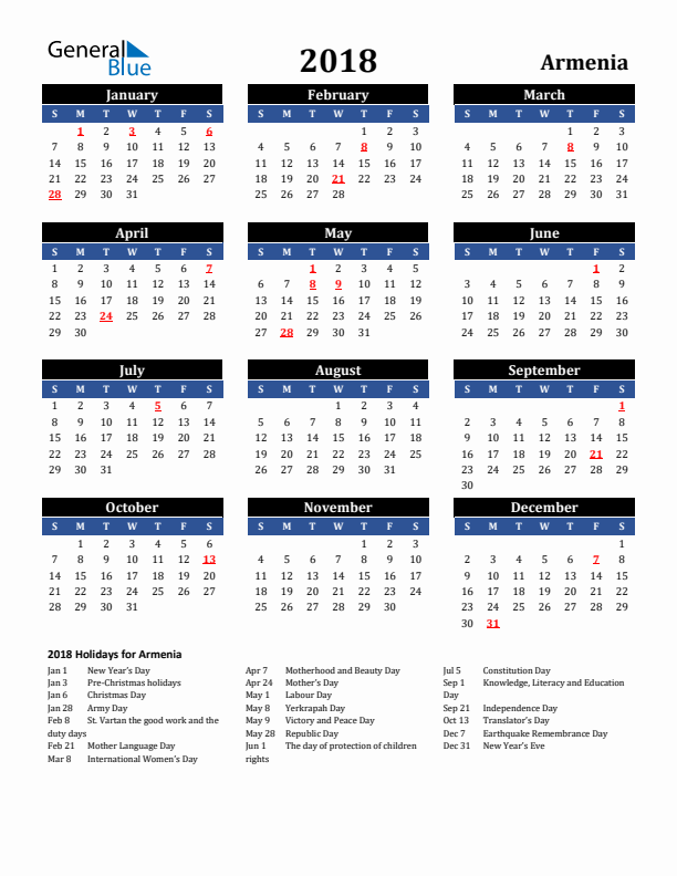 2018 Armenia Holiday Calendar