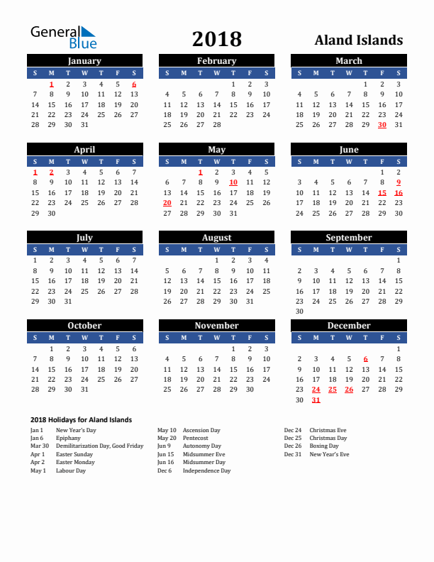 2018 Aland Islands Holiday Calendar