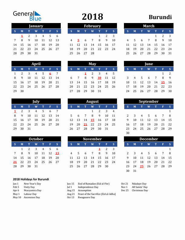 2018 Burundi Holiday Calendar