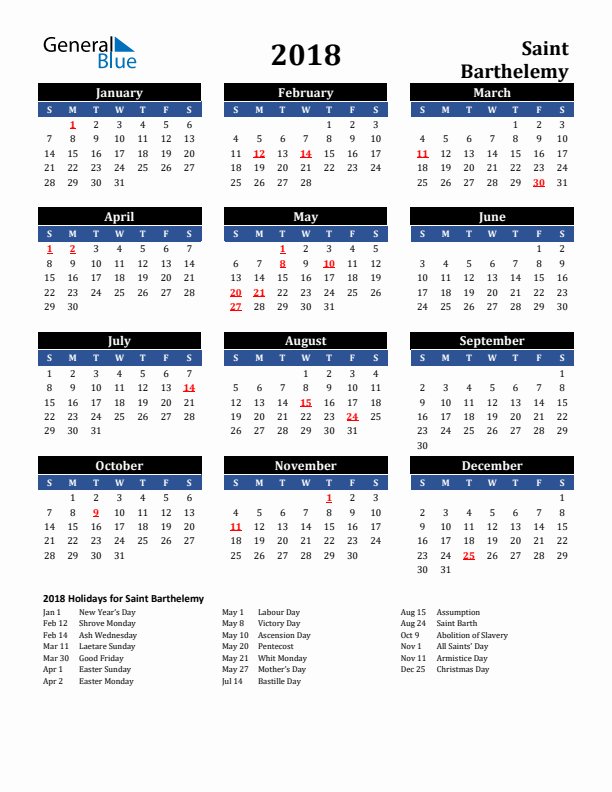 2018 Saint Barthelemy Holiday Calendar