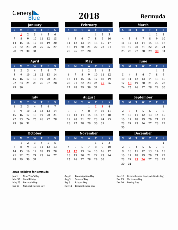 2018 Bermuda Holiday Calendar