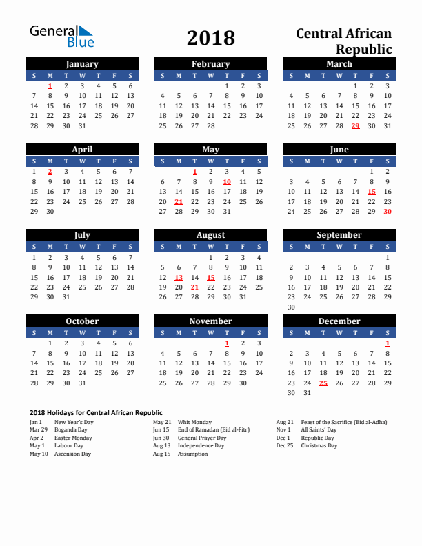 2018 Central African Republic Holiday Calendar