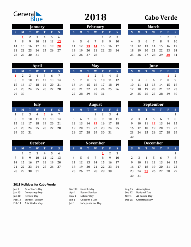 2018 Cabo Verde Holiday Calendar