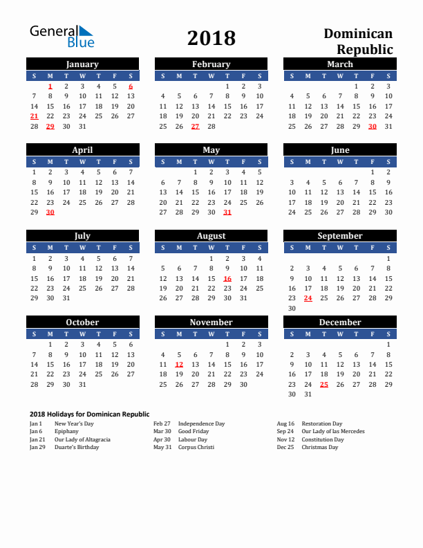 2018 Dominican Republic Holiday Calendar